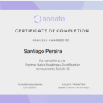 SoSafe Partner Sales Readiness Certification awarded to Santiago Pereira for partner sales training.